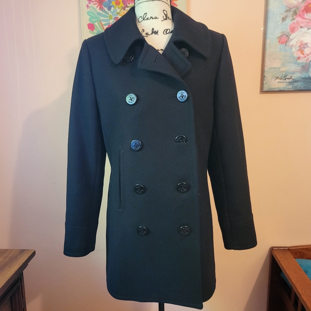 Trina Turk MSRP $589 Lambswool Blend Double- Breasted Black Pea Coat, 10, EUC - Picture 3 of 16